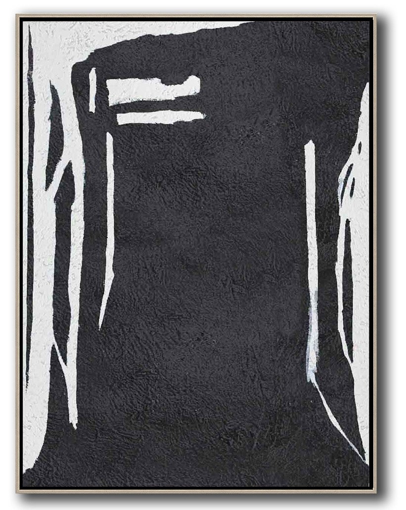 Hand-Painted Black And White Minimal Painting On Canvas - Contemporary Art For Sale Office Room Large